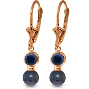 14K Solid Rose Gold Leverback Earrings w/ Black Pearls & Sapphire