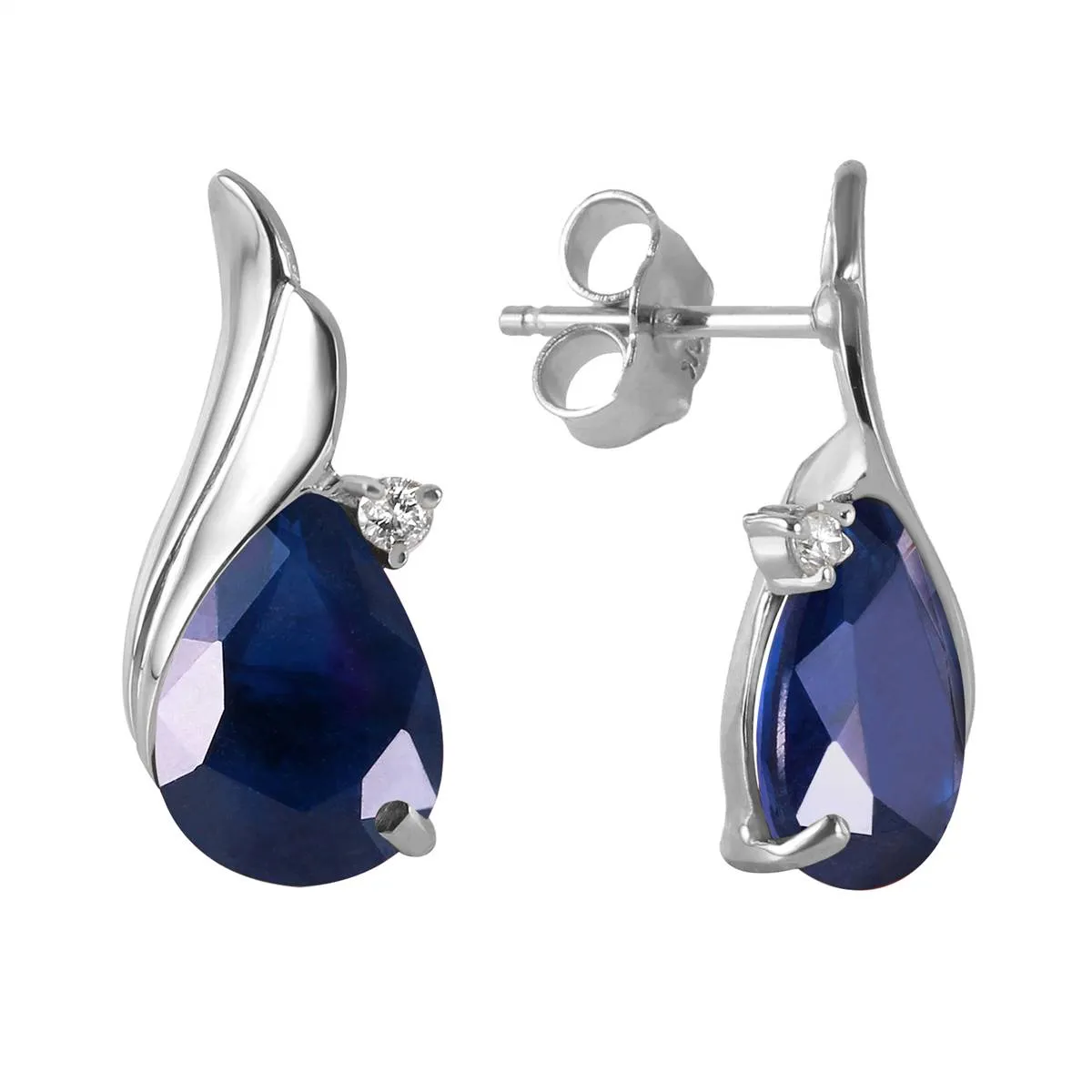 14K Solid White Gold Studs Earrings Natural Diamond & Sapphire