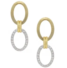 14K TT Open Link Dangle Earrings with One Brushed Link and One Diamond Link