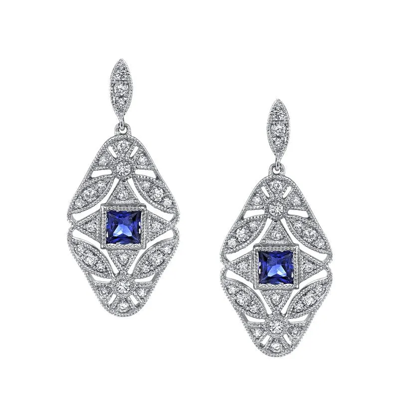 14K White Gold 0.42ct. Sapphire & 0.25ct. Diamond Antique Inspired Drop Earrings