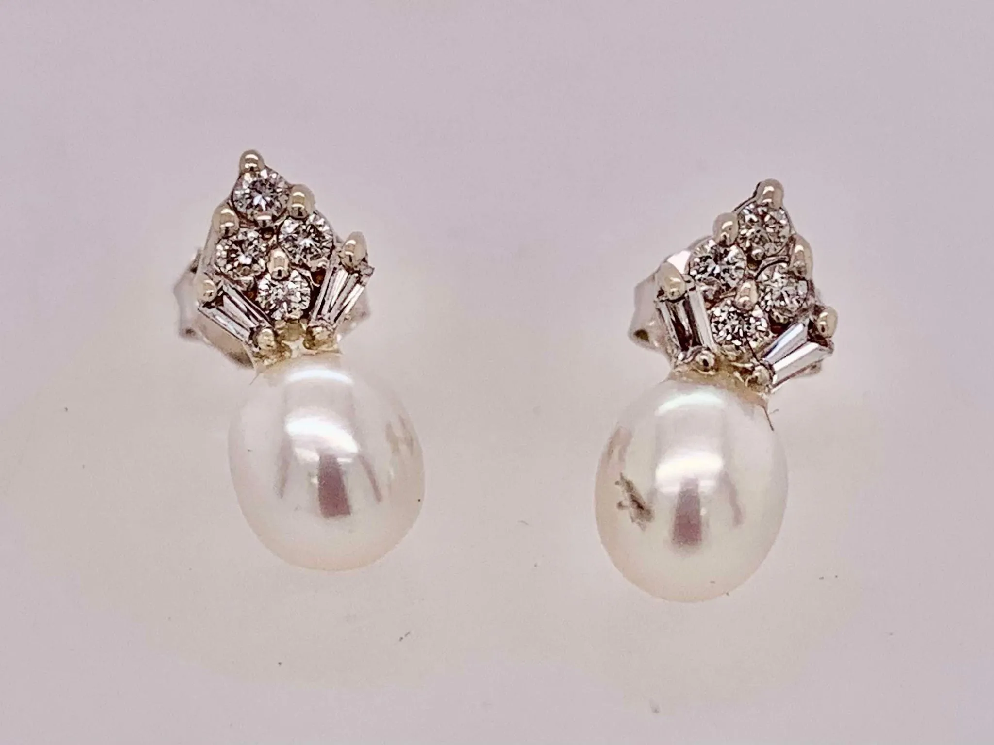 14K White Gold Diamond and Pearl Earrings