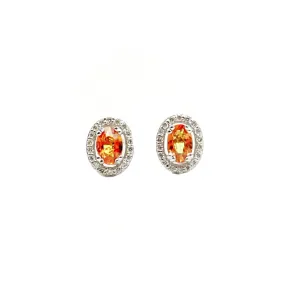 14K White Gold Orange Sapphire And Diamond Halo Stud Earrings