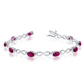 14K White Gold Oval Ruby Stones And Diamonds Infinity Tennis Bracelet, 7"