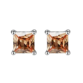 14k White Gold Plated 1 Carat Square Created Champagne Sapphire Stud Earrings