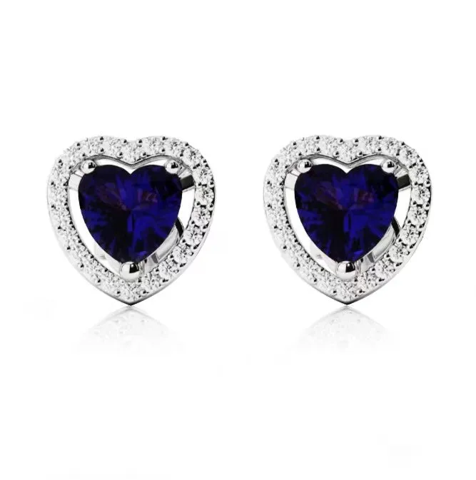 14k White Gold Plated 1 Ct Created Halo Heart Blue Sapphire Stud Earrings