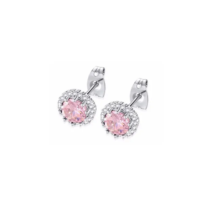 14k White Gold Plated 1 Ct Created Halo Round Pink Sapphire Stud Earrings