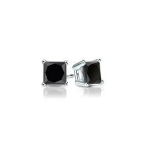 14k White Gold Plated 2 Carat Princess Cut Created Black Sapphire Stud Earrings