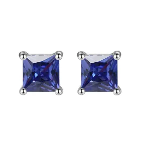 14k White Gold Plated 2 Carat Princess Cut Created Blue Sapphire Stud Earrings