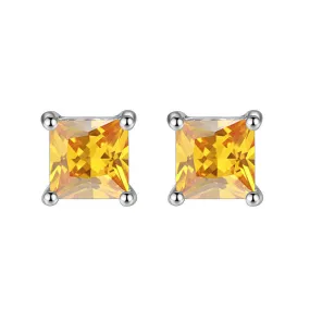 14k White Gold Plated 2 Carat Square Created Yellow Sapphire Stud Earrings