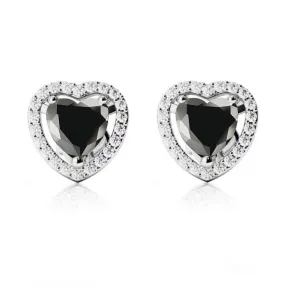 14k White Gold Plated 2 Ct Created Halo Heart Black Sapphire Stud Earrings