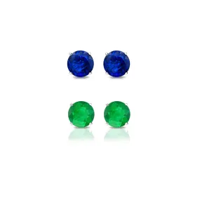 14k White Gold Plated 3Ct Created Blue Sapphire and Emerald 2 Pair Round Stud Earrings