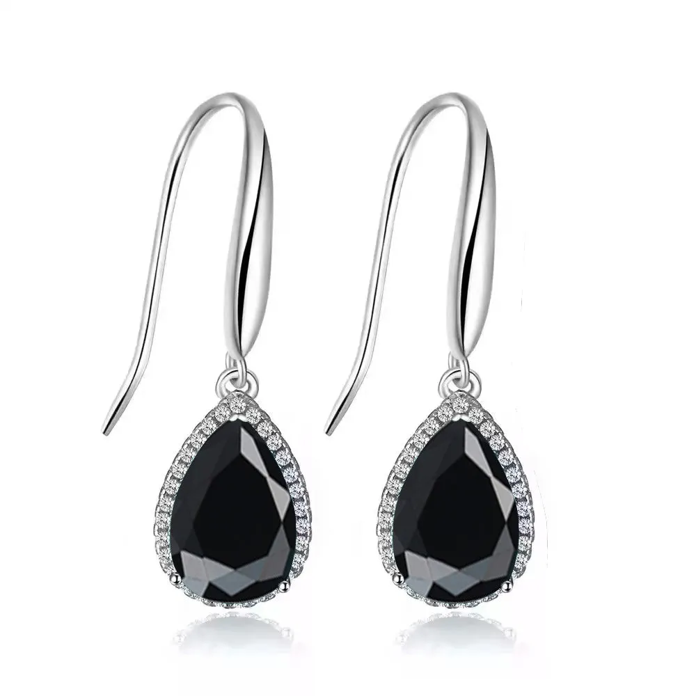 14k White Gold Plated 4 Ct Created Black Sapphire Teardrop Earrings