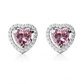 14k White Gold Plated 4 Ct Created Halo Heart Pink Sapphire Stud Earrings