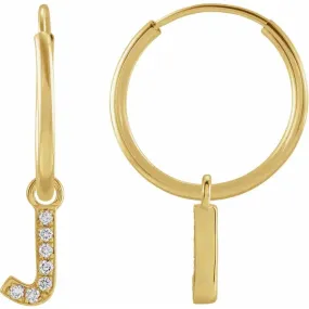 14K Yellow Gold .025 CTW Natural Diamond Single Initial J Hoop Earring