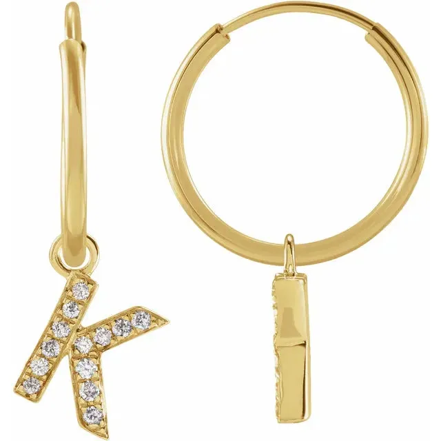 14K Yellow Gold .03 CTW Natural Diamond Single Initial K Hoop Earring