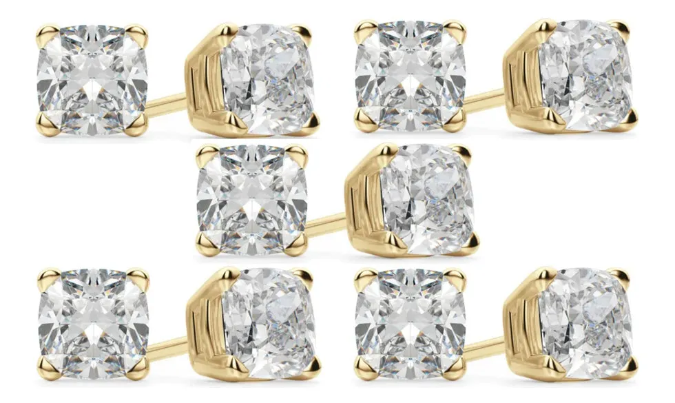 14k Yellow Gold 3Ct Cushion Cut White Sapphire Set Of Five Stud Earrings Plated