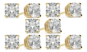 14k Yellow Gold 3Ct Cushion Cut White Sapphire Set Of Five Stud Earrings Plated