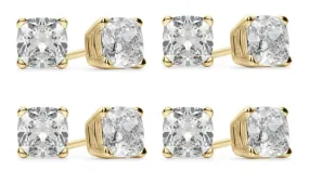 14k Yellow Gold 3Ct Cushion Cut White Sapphire Set Of Four Stud Earrings Plated