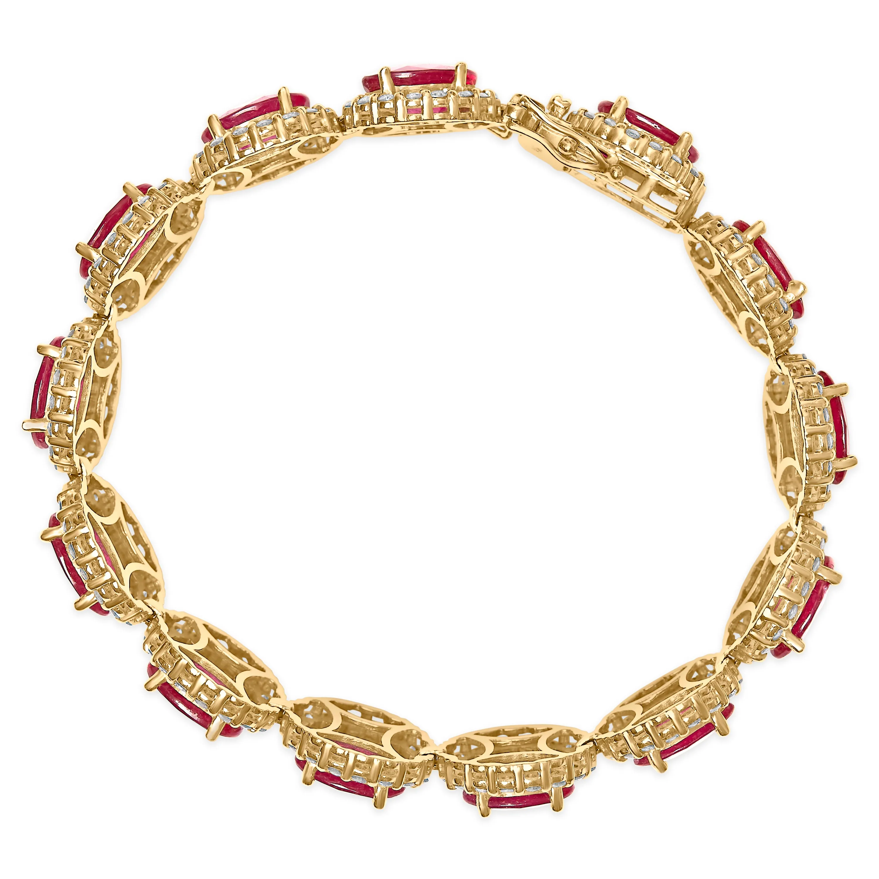 14K Yellow Gold 6 2/5 Cttw Diamond and 34.0 Cttw Oval Red Ruby Halo Link Bracelet