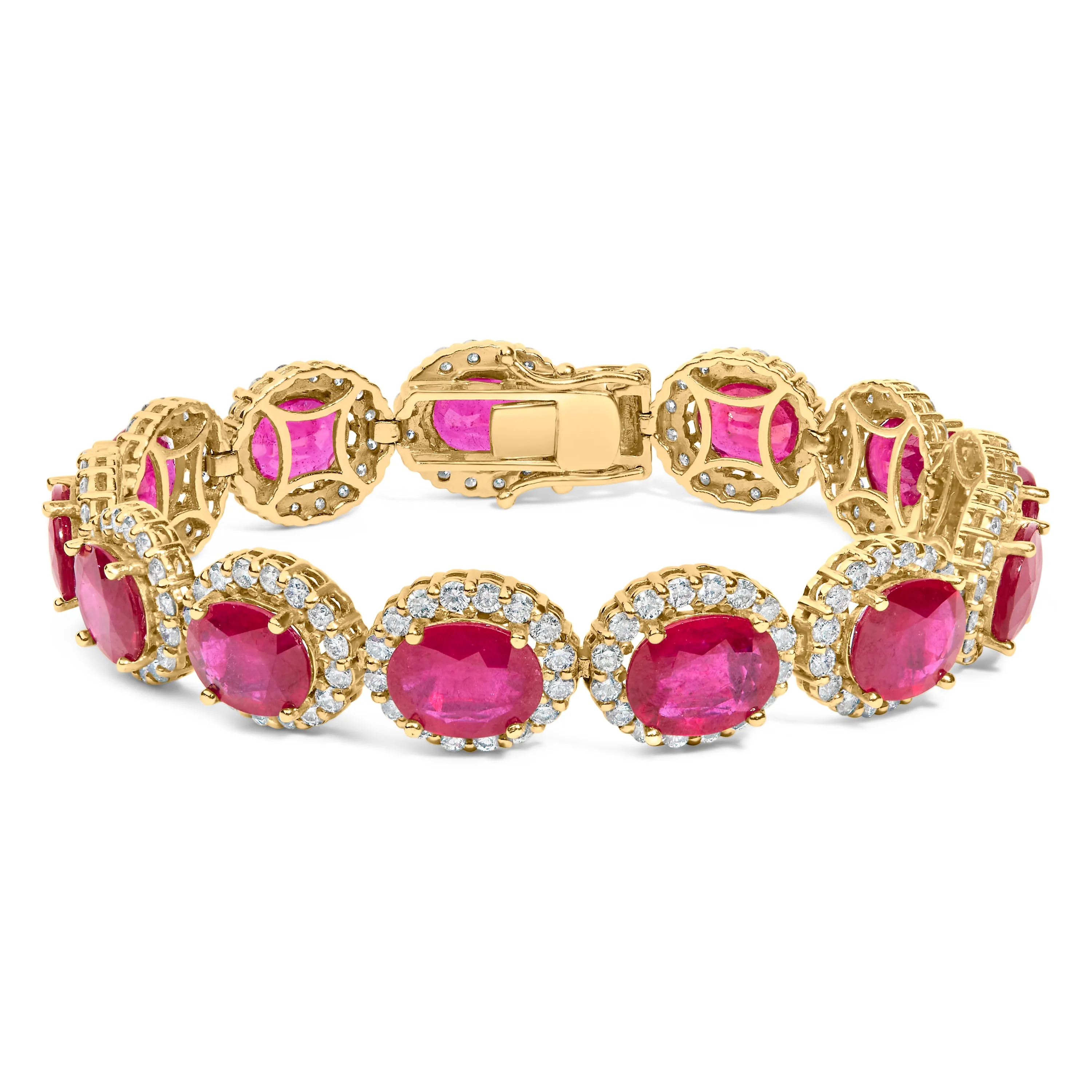 14K Yellow Gold 6 2/5 Cttw Diamond and 34.0 Cttw Oval Red Ruby Halo Link Bracelet