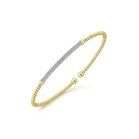 14K Yellow Gold Diamond Pave Top Bead Open Cuff