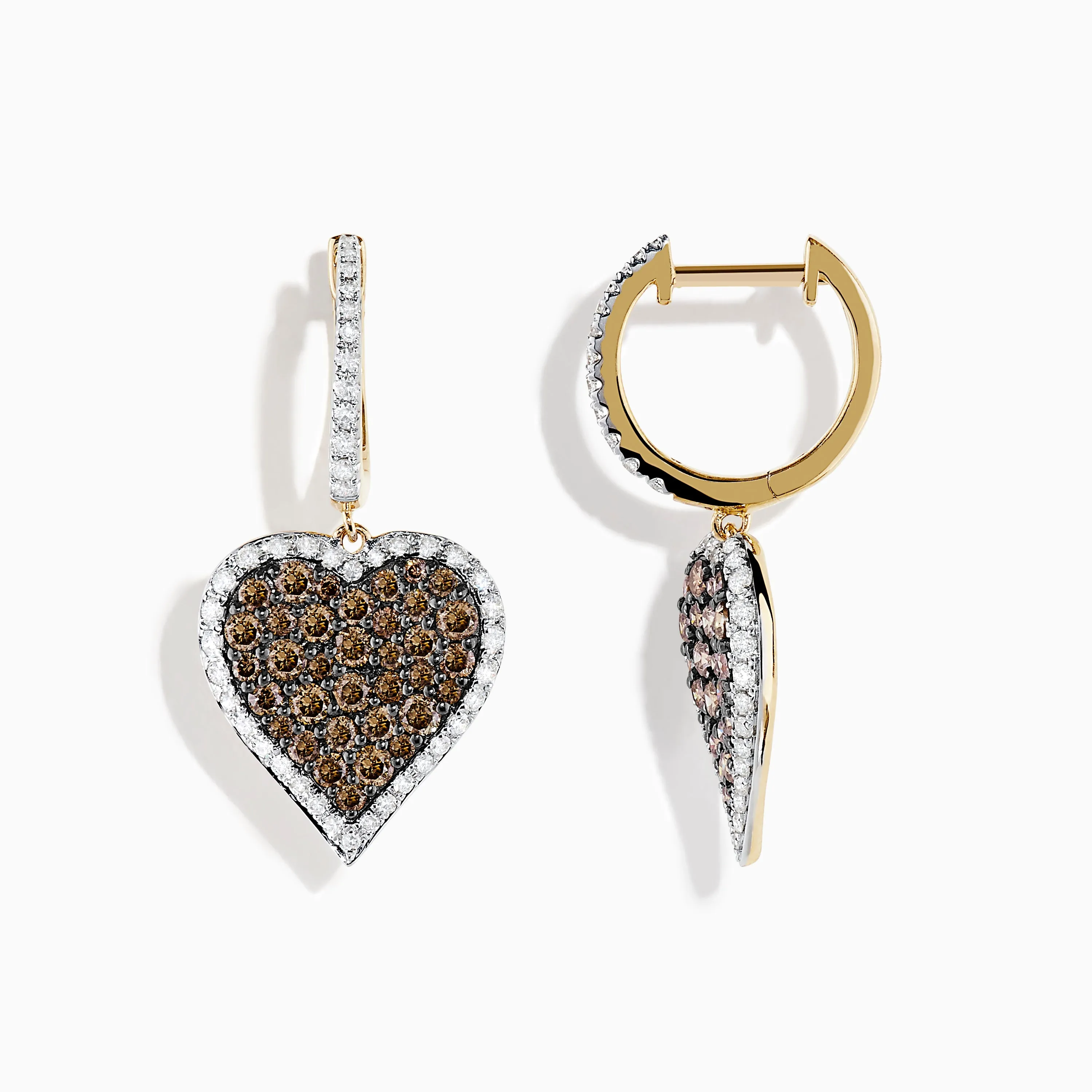 14K Yellow Gold Espresso and White Diamond Heart Earrings