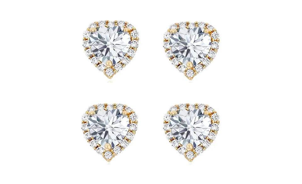 14k Yellow Gold Plated 1/2Ct Heart White Sapphire Set of Two Halo Stud Earrings