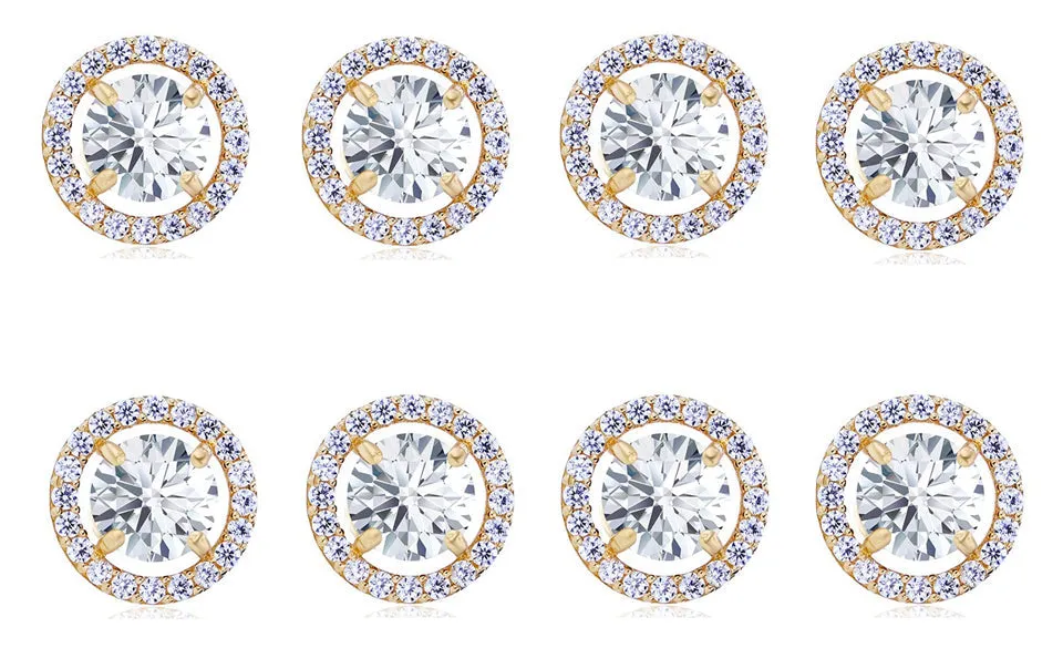 14k Yellow Gold Plated 1Ct Round White Sapphire Set Of Four Halo Stud Earrings