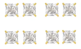 14k Yellow Gold Plated 1Ct Square Cut White Sapphire Set Of Four Stud Earrings