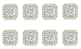 14k Yellow Gold Plated 2Ct Princess Cut White Sapphire Set of Four Halo Stud Earrings