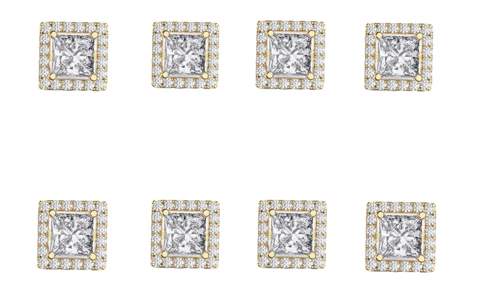 14k Yellow Gold Plated 3Ct Square Cut White Sapphire Set of Four Halo Stud Earrings