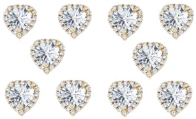 14k Yellow Gold Plated 4Ct Heart White Sapphire Set of Five Halo Stud Earrings