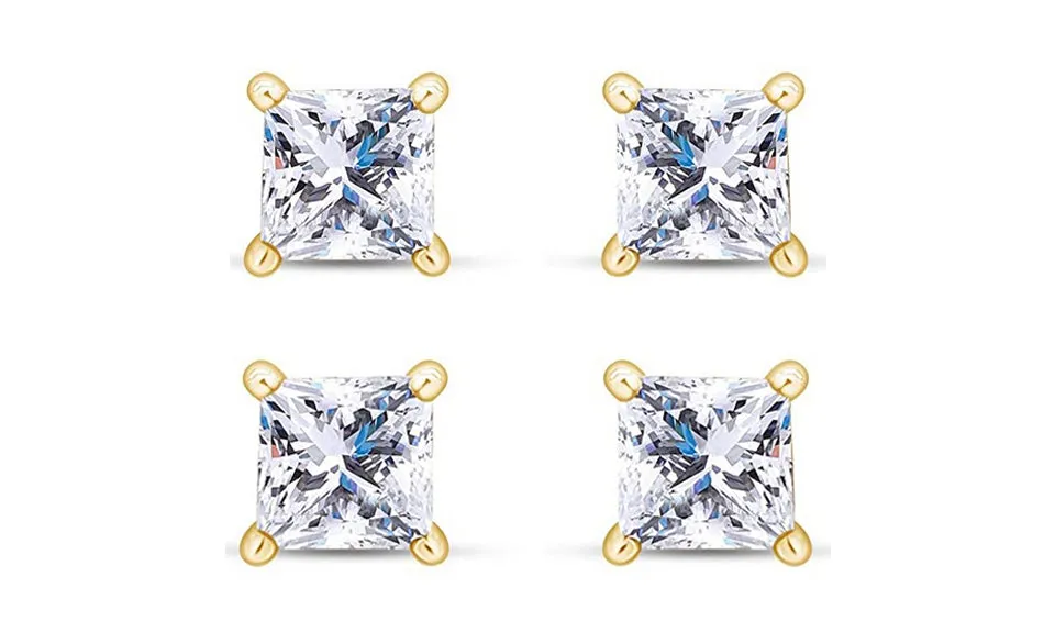 14k Yellow Gold Plated 4mm 1/2Ct Princess Cut White Sapphire Set Of Two Stud Earrings