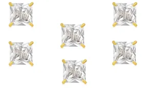 14k Yellow Gold Plated 4mm 1/2Ct Square Cut White Sapphire Set Of Three Stud Earrings