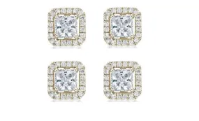 14k Yellow Gold Plated 4mm 1Ct Princess Cut White Sapphire Set of Two Halo Stud Earrings