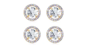 14k Yellow Gold Plated 4mm 3Ct Round White Sapphire Set Of Two Halo Stud Earrings