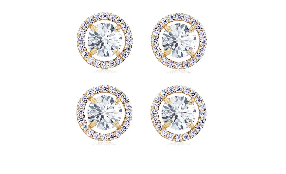 14k Yellow Gold Plated 4mm 4Ct Round White Sapphire Set Of Two Halo Stud Earrings