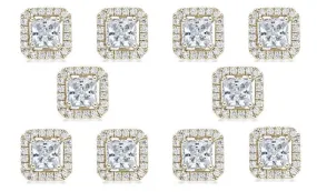 14k Yellow Gold Plated 6mm 1/2Ct Princess Cut White Sapphire Set of Five Halo Stud Earrings