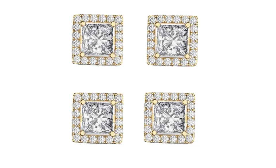 14k Yellow Gold Plated 6mm 1/2Ct Square Cut White Sapphire Set of Two Halo Stud Earrings