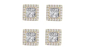 14k Yellow Gold Plated 6mm 3Ct Square Cut White Sapphire Set of Two Halo Stud Earrings