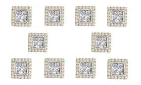 14k Yellow Gold Plated 6mm 4Ct Square Cut White Sapphire Set of Five Halo Stud Earrings