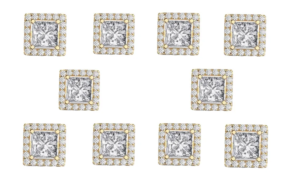 14k Yellow Gold Plated 6mm 4Ct Square Cut White Sapphire Set of Five Halo Stud Earrings