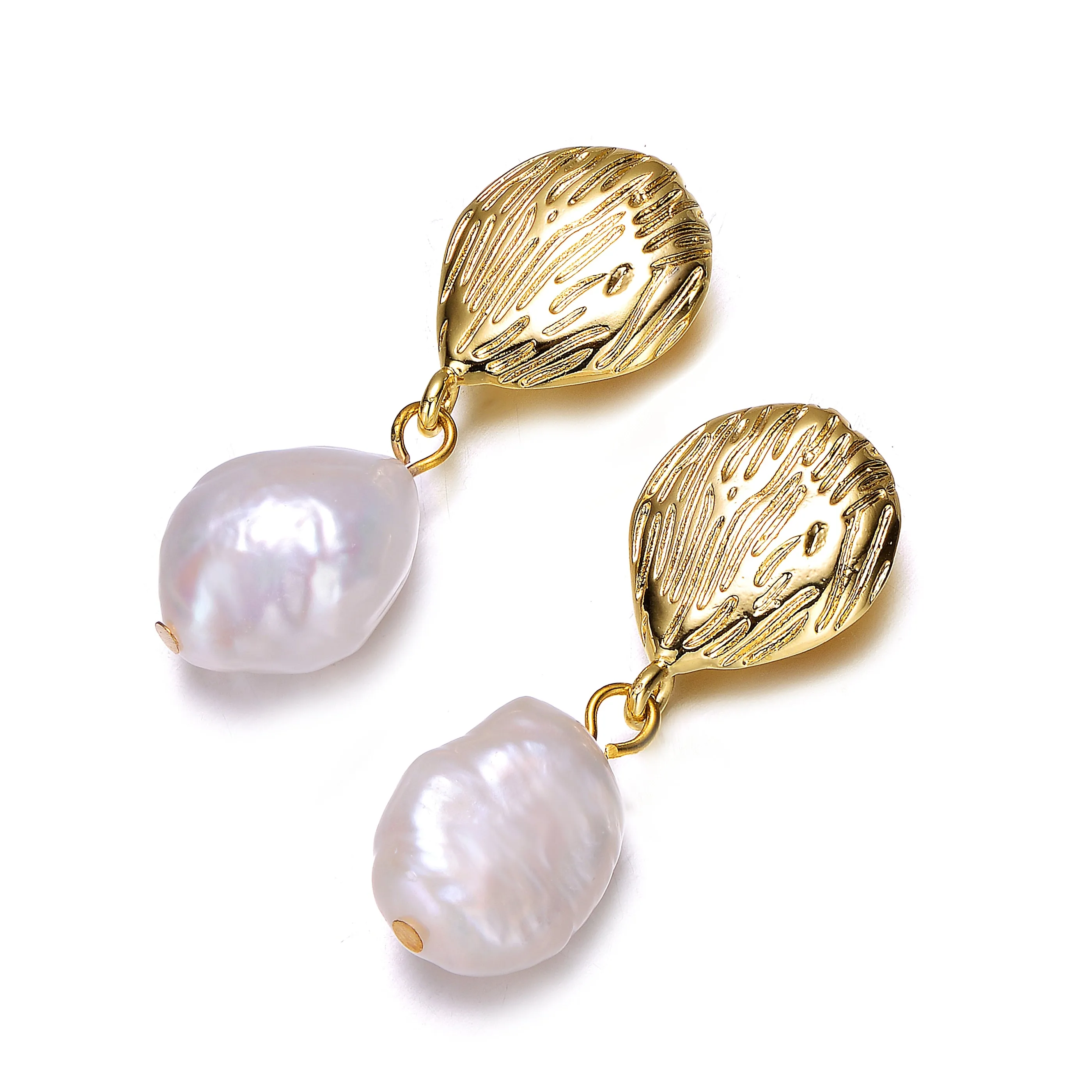 14k Yellow Gold Plated with Baroque Oval Genuine Freshwater White Pearl Coral Reef Dangle Earrings in Sterling Silver