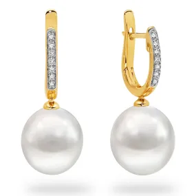 18K 10-11mm White South Sea Pearl Diamond Drop Earrings