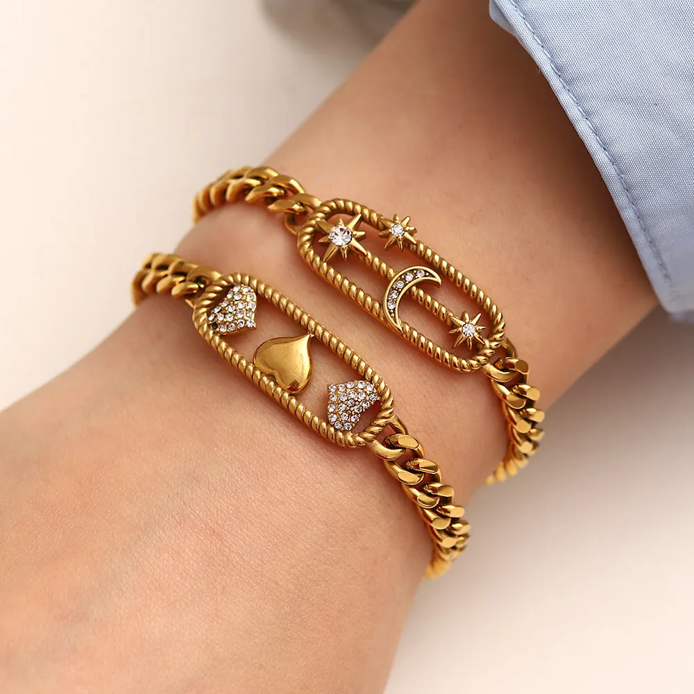 18K Gold Simple Retro Diamond Heart/Star Design Punk Bracelet Necklace Set