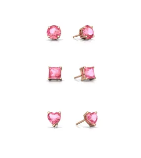 18k Rose Gold Plated 1Cttw 7mm Created Pink Sapphire 3 Pair Round, Square and Heart Stud Earrings