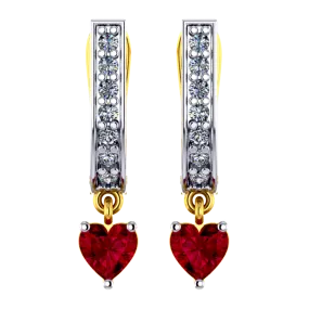 18k U-shaped Diamond Earrings With A Red Heart Stone Hanging