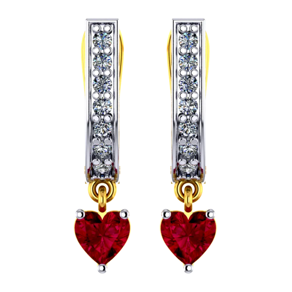 18k U-shaped Diamond Earrings With A Red Heart Stone Hanging