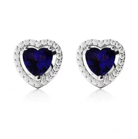 18k White Gold Plated 1/2 Ct Created Halo Heart Blue Sapphire Stud Earrings