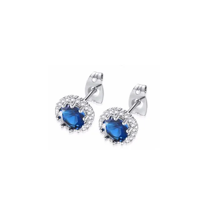 18k White Gold Plated 2 Ct Created Halo Round Blue Sapphire Stud Earrings